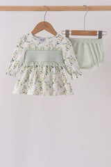 Sage floral smocked ruffle bloomer set