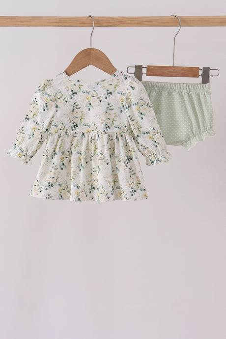 Sage floral smocked ruffle bloomer set