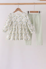 Sage floral smocked ruffle pants set
