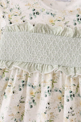 Sage floral smocked ruffle dress