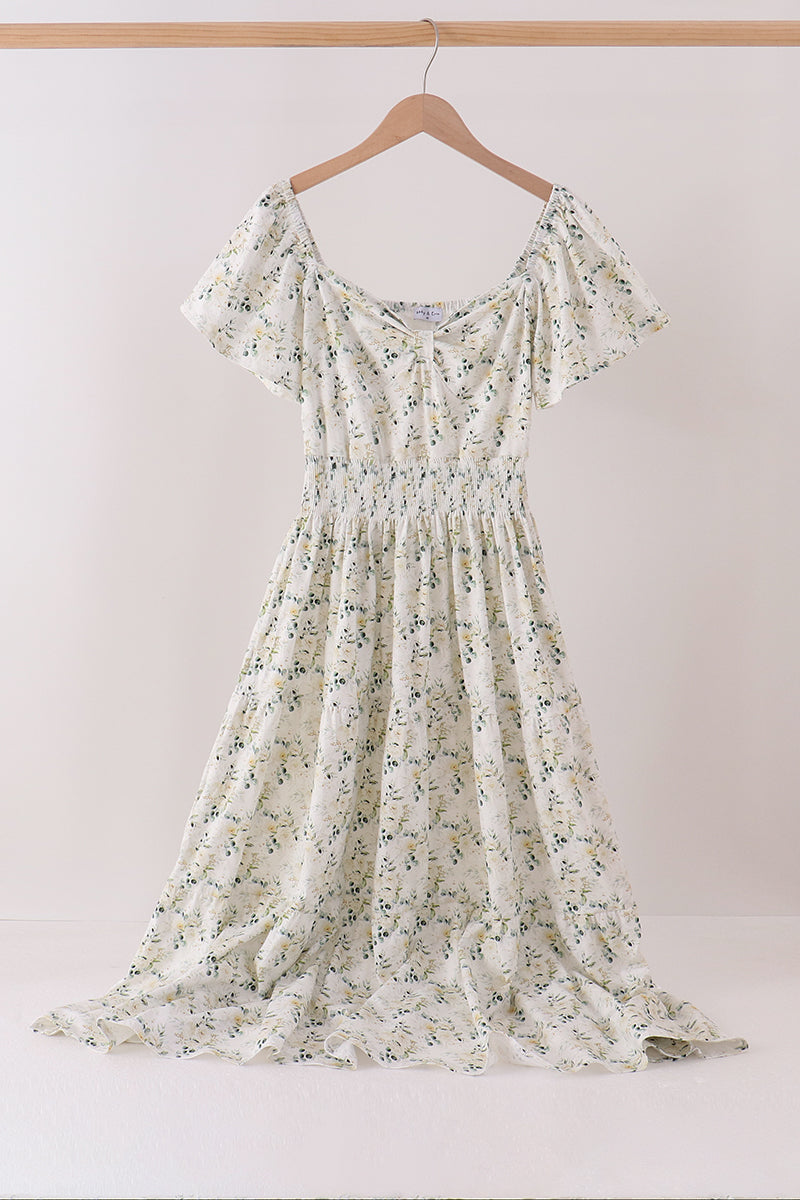 Sage floral smocked tiered mom dress