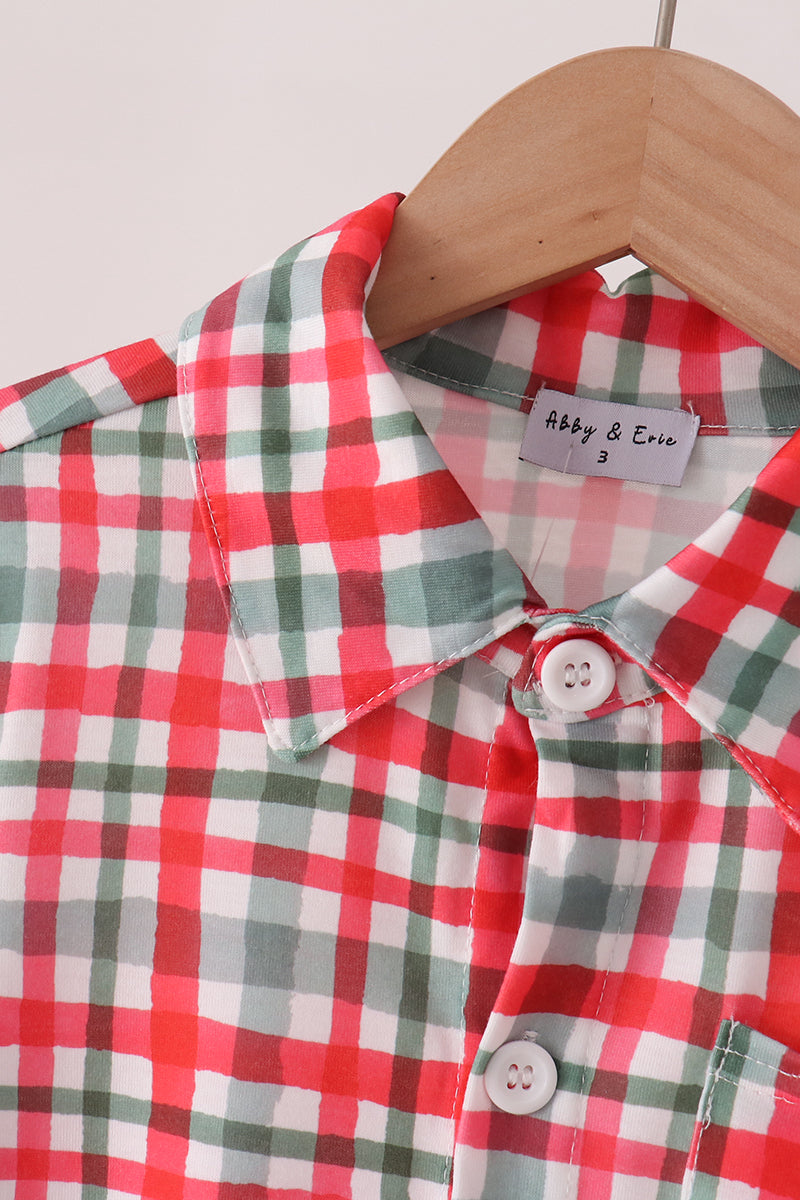 Red plaid pocket button down shirt