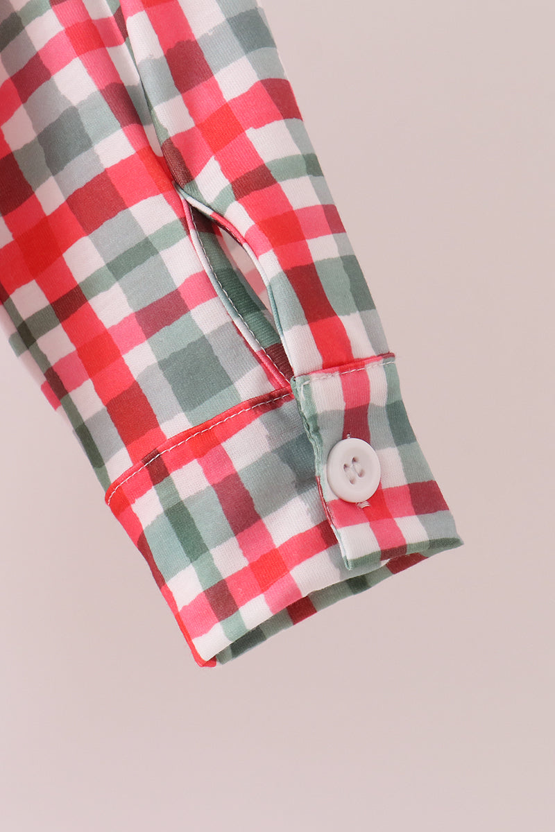 Red plaid pocket button down shirt