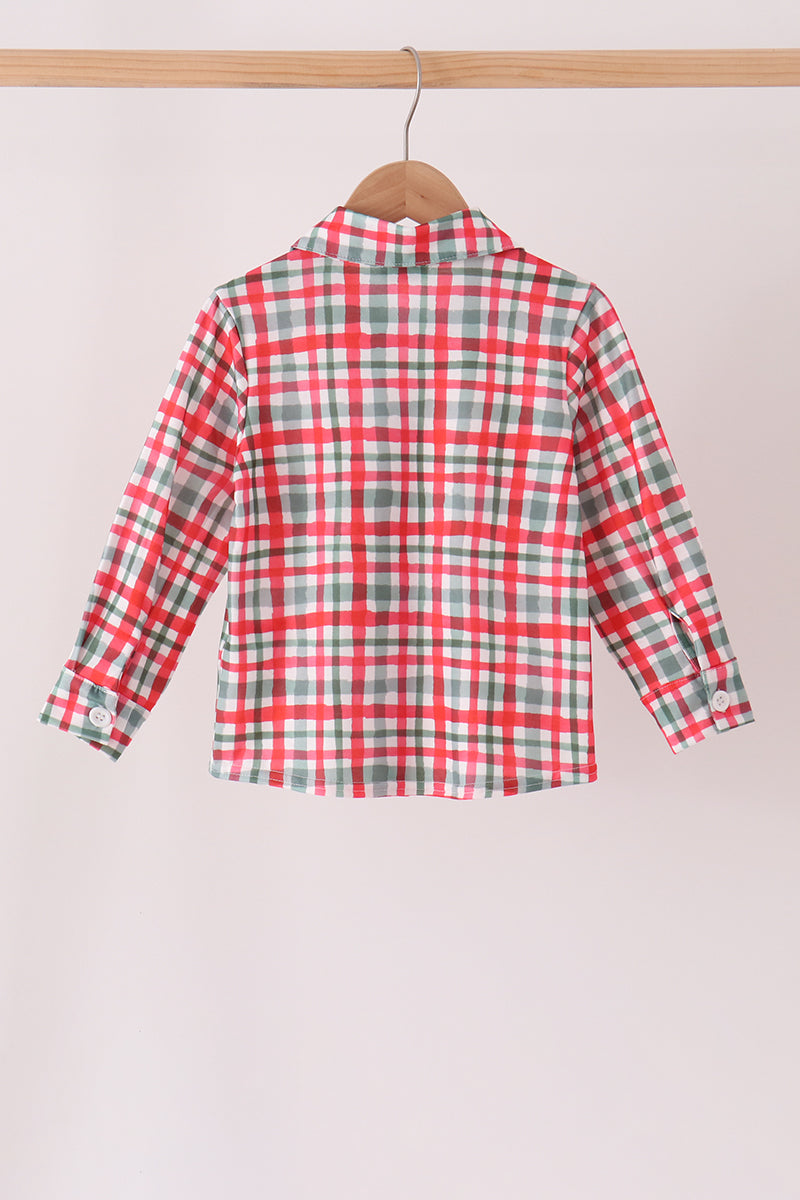 Red plaid pocket button down shirt