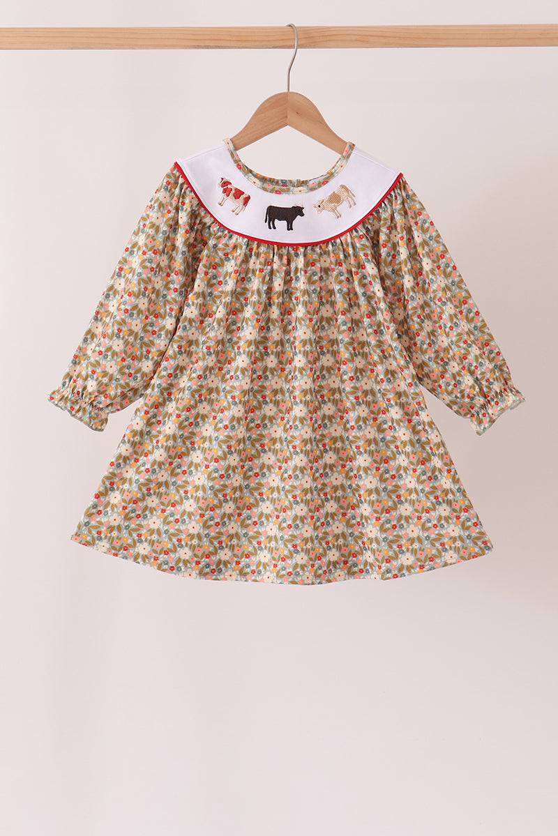 Brown Floral Cow Embroidery Dress