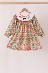 Brown Floral Cow Embroidery Dress