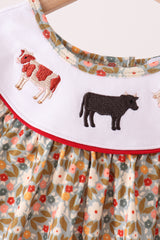Brown Floral Cow Embroidery Dress