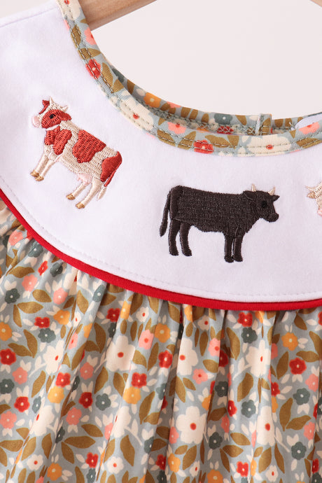 Brown Floral Cow Embroidery Dress