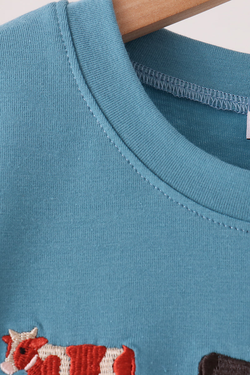 Blue Cow Embroidery Top