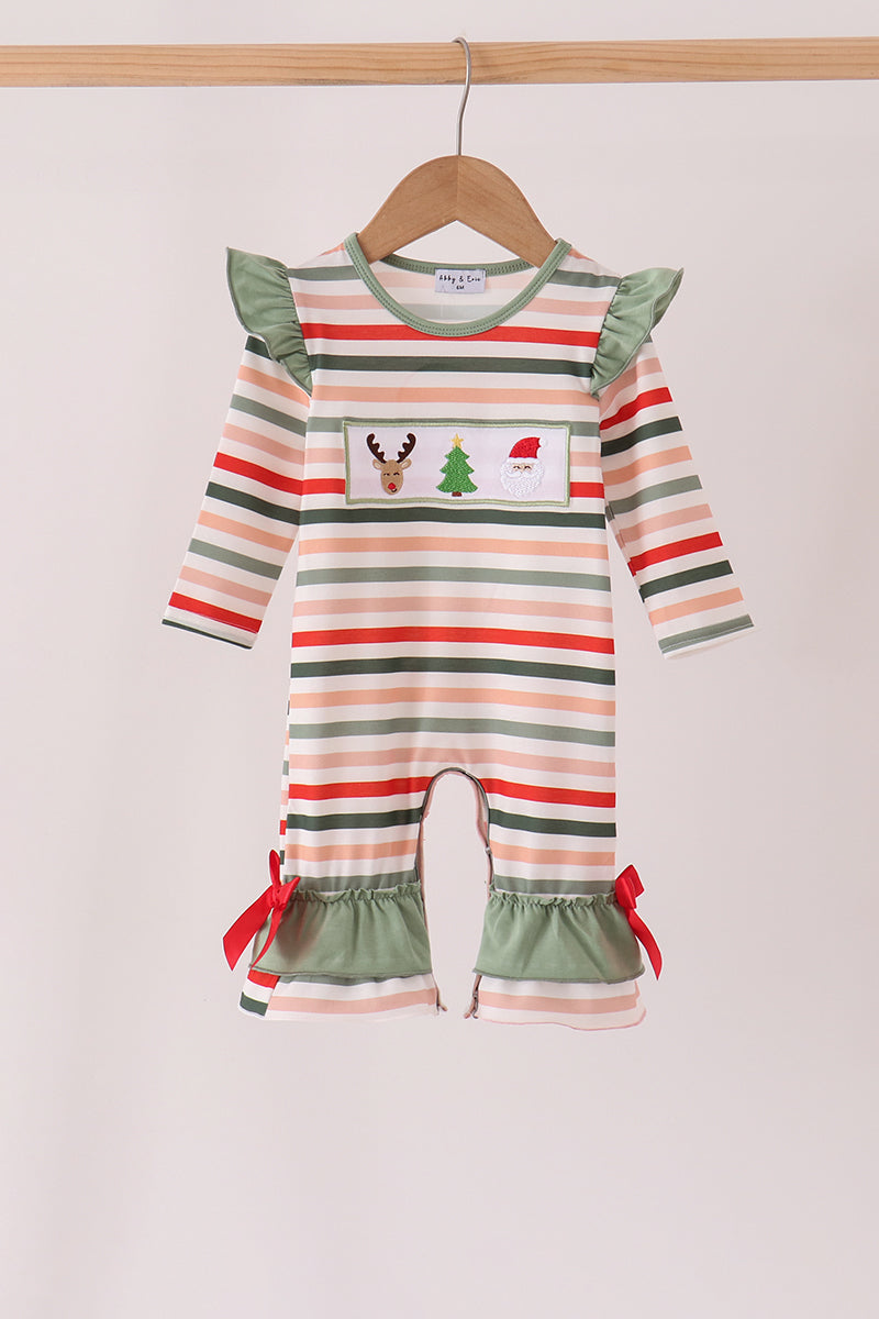 Green Reindeer Tree Embroidery Ruffle Romper