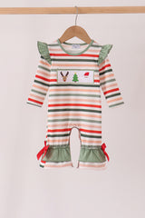 Green Reindeer Tree Embroidery Ruffle Romper