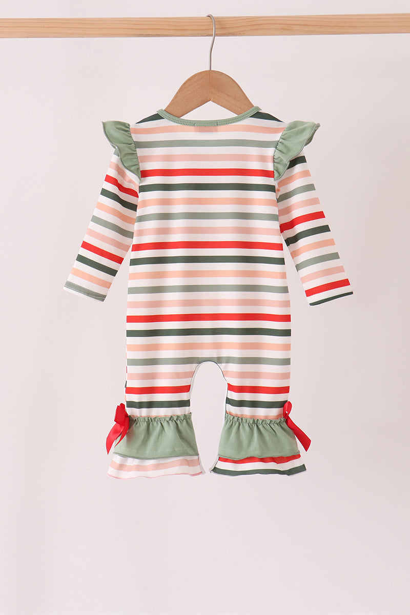 Green Reindeer Tree Embroidery Ruffle Romper