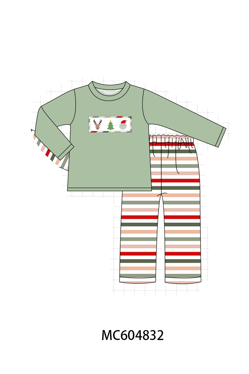 Green Reindeer Tree Embroidery Stripe Pants Set