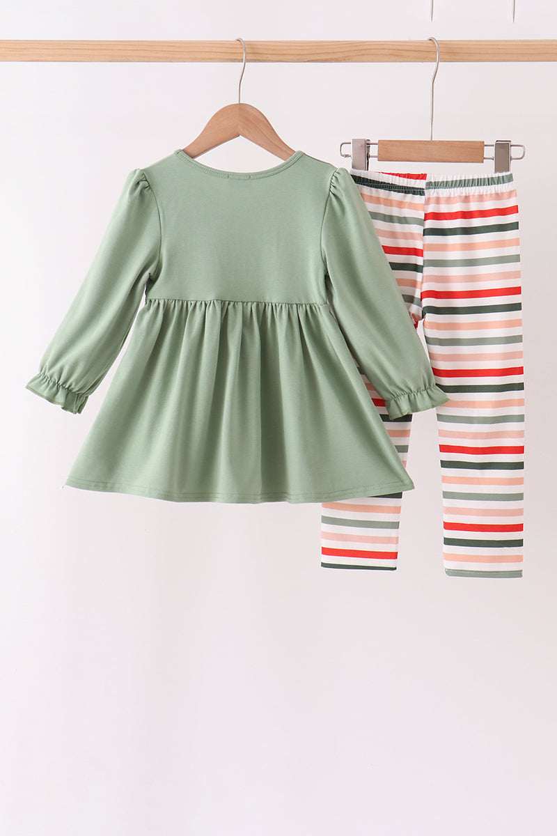 Green Reindeer Tree Embroidery Pants Set