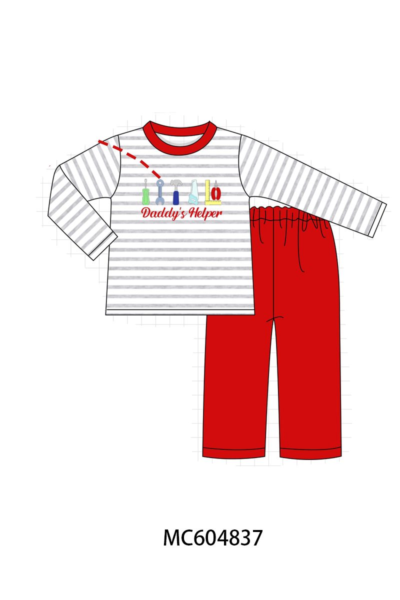 Gray Stripe Daddy's Helper Embroidery Pants Set