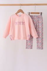 Pink Floral Bow Applique Pants Set