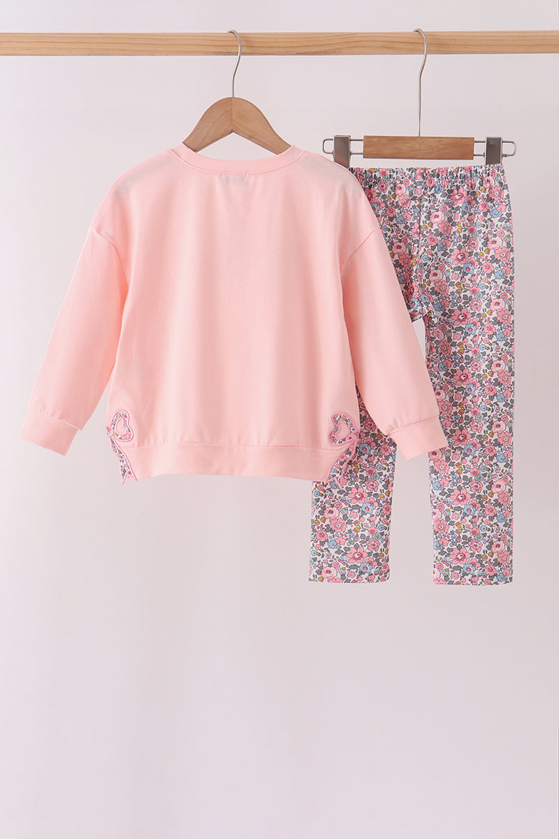 Pink Floral Bow Applique Pants Set