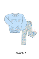 Blue Floral Bow Applique Pants Set