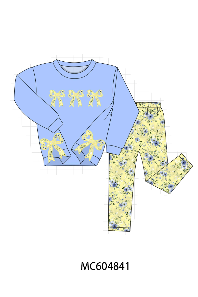 Yellow Floral Bow Applique Pants Set