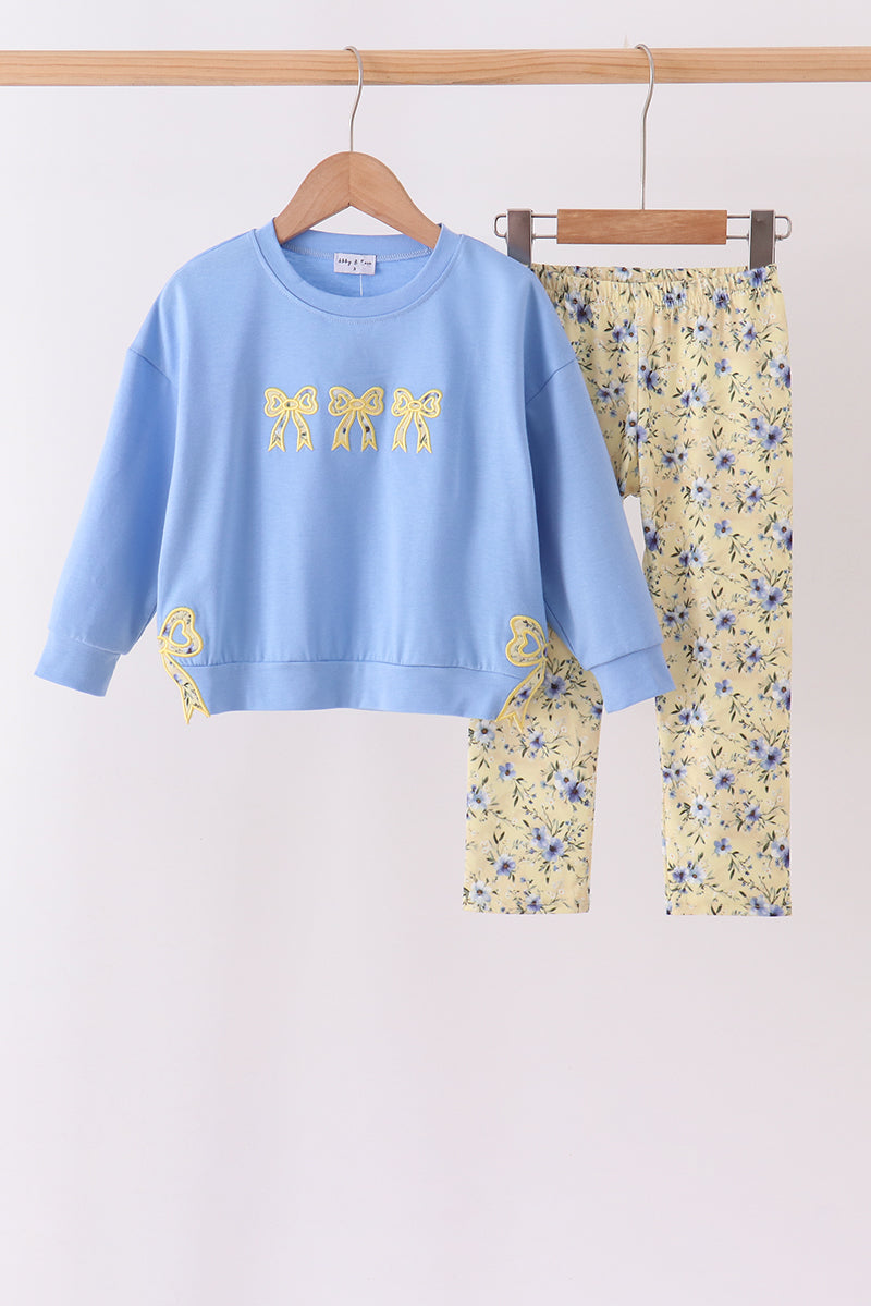 Yellow Floral Bow Applique Pants Set