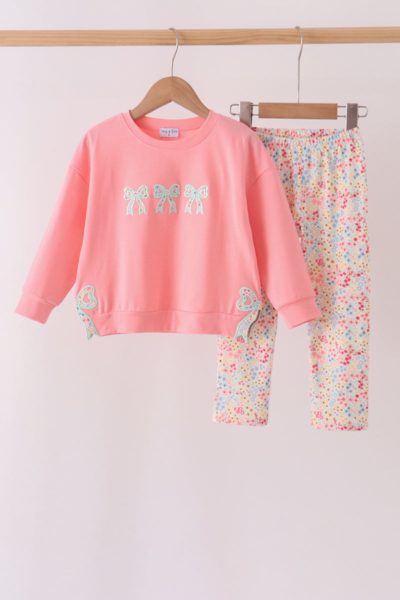 Pink Floral Bow Applique Pants Set