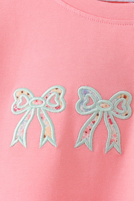 Pink Floral Bow Applique Pants Set