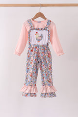 Pink Chicken Applique Jumpsuit Set
