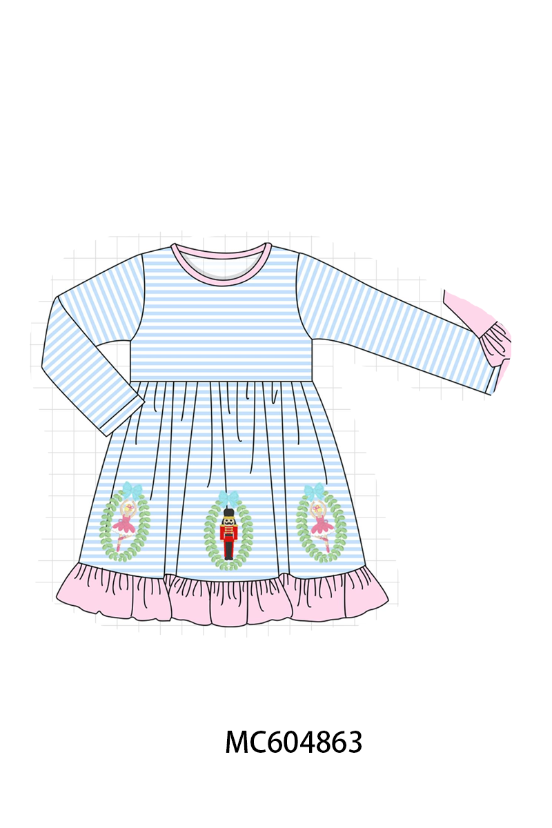 Blue Stripe Nutcracker Embroidery Ruffle Dress