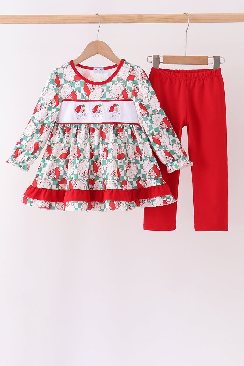 Red Santa Embroidery Ruffle Pants Set
