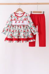 Red Santa Embroidery Ruffle Pants Set