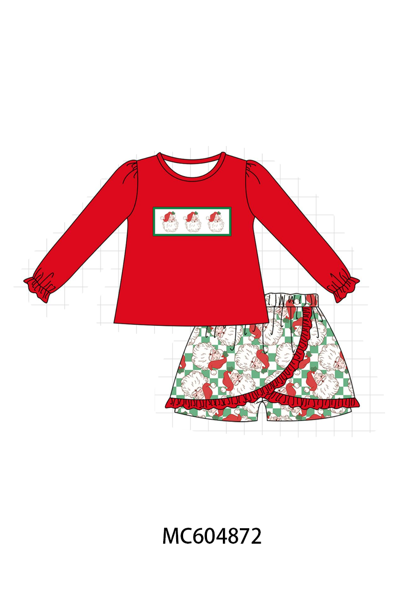 Red Santa Embroidery Ruffle Skorts Set