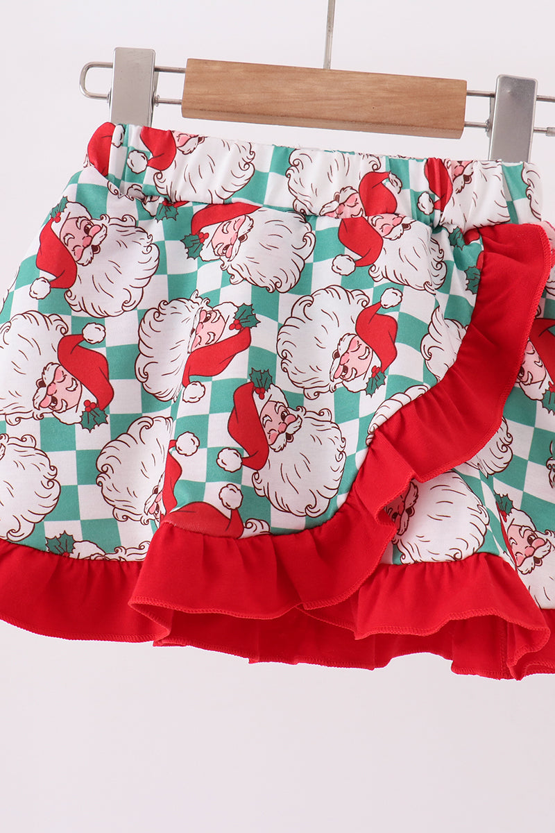 Red Santa Embroidery Ruffle Skorts Set