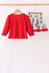 Red Santa Embroidery Ruffle Skorts Set