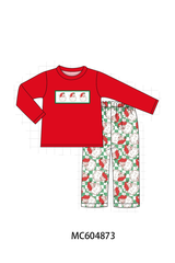 Red Santa Embroidery Pants Set