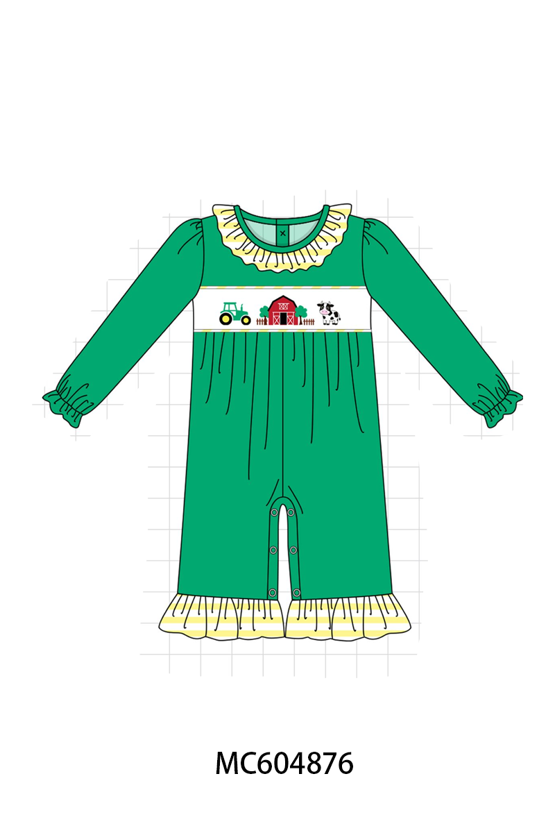 Green Farm Cow Embroidery Ruffle Romper