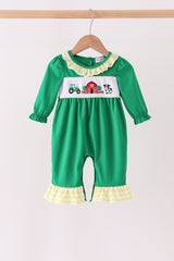 Green Farm Cow Embroidery Ruffle Romper