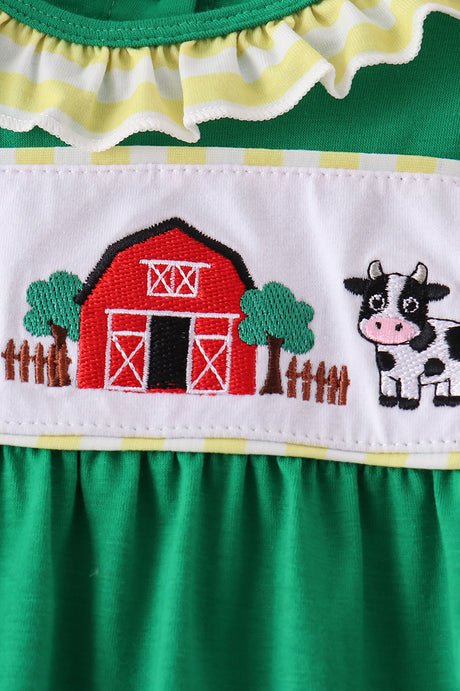 Green Farm Cow Embroidery Ruffle Romper