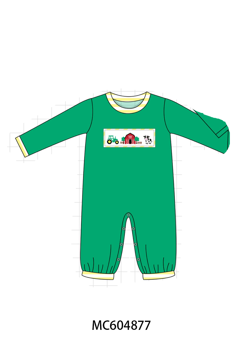 Green Farm Cow Embroidery Romper