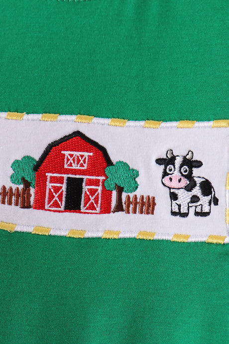 Green Farm Cow Embroidery Romper