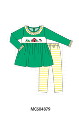 Green Farm Cow Embroidery Ruffle Pants Set