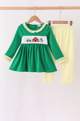 Green Farm Cow Embroidery Ruffle Pants Set