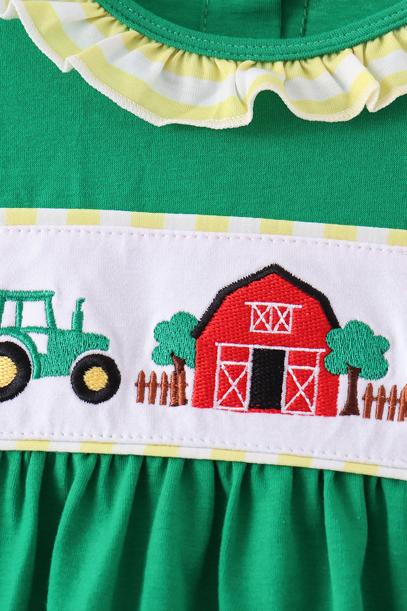 Green Farm Cow Embroidery Ruffle Pants Set
