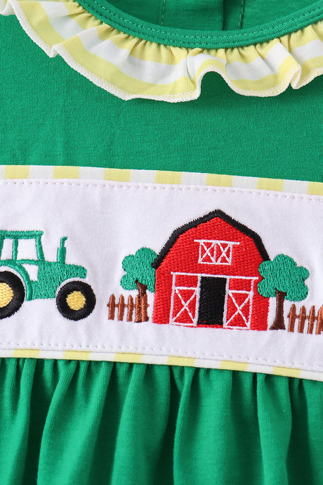 Green Farm Cow Embroidery Ruffle Pants Set