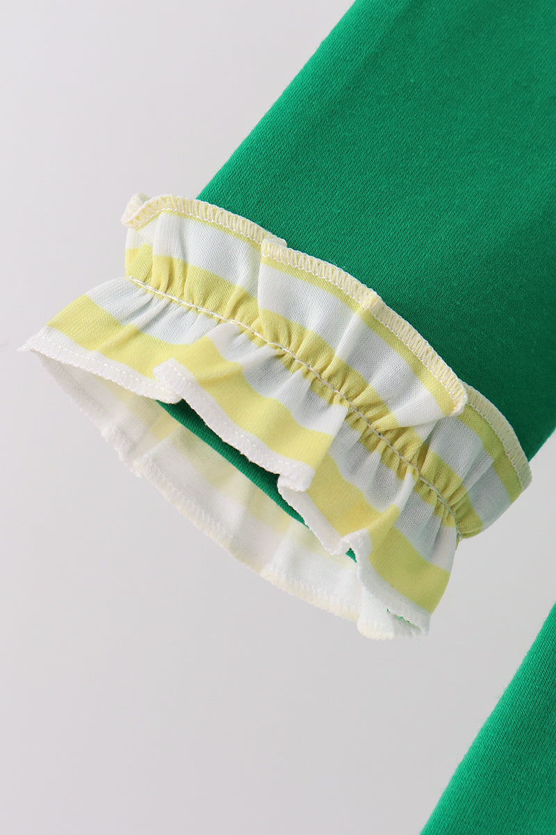 Green Farm Cow Embroidery Ruffle Pants Set
