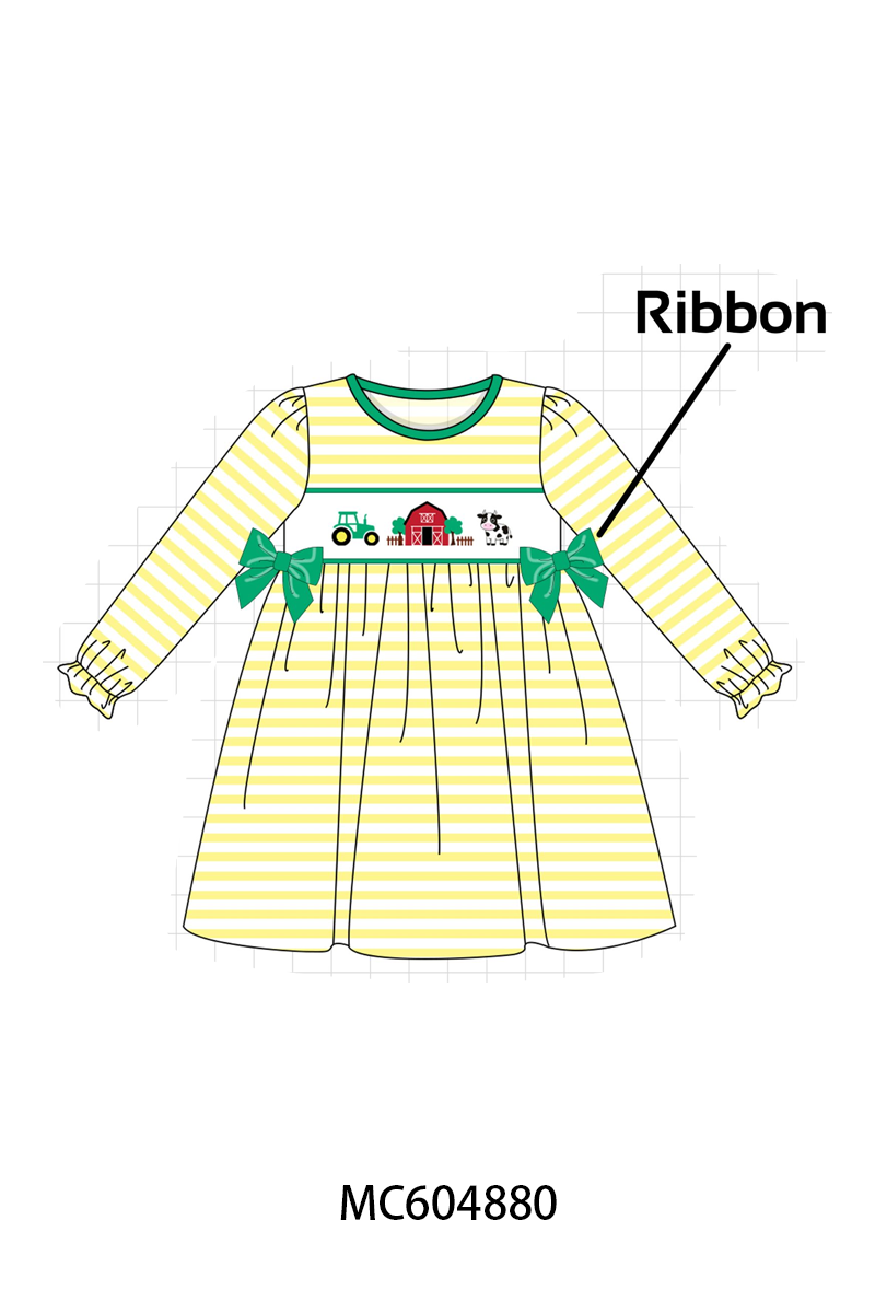 Green Farm Cow Embroidery Stripe  Dress