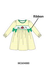 Green Farm Cow Embroidery Stripe  Dress