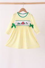Green Farm Cow Embroidery Stripe  Dress