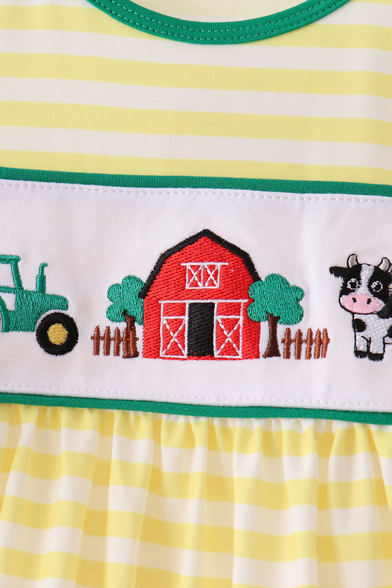 Green Farm Cow Embroidery Stripe  Dress