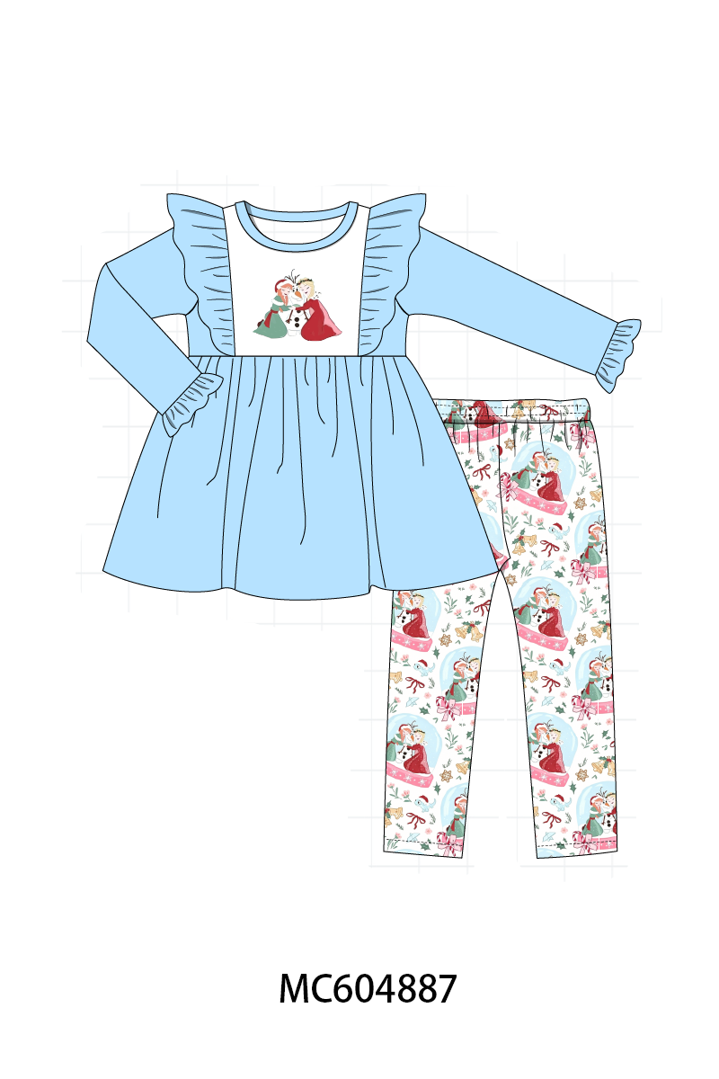 Blue frozen embroidery ruffle pants set