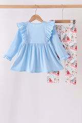 Blue frozen embroidery ruffle pants set